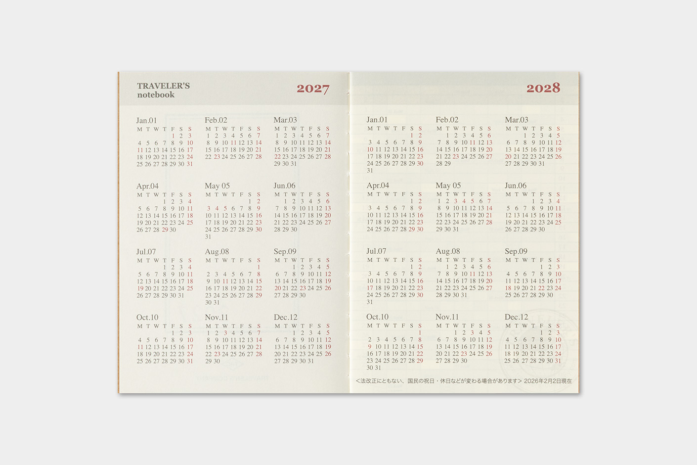 Traveler`s Company 2027 - Monthly Diary Refill Passport Size
