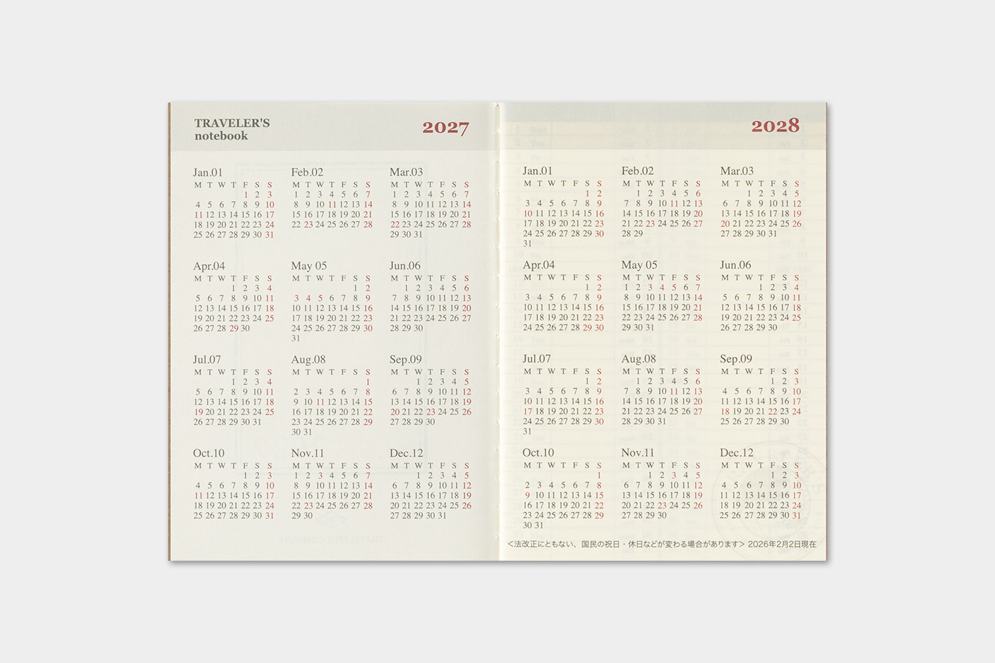 Traveler`s Company 2027 - Weekly Diary Refill Passport Size